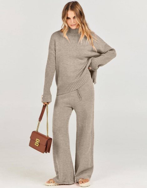 Women's Two Piece Outfits Sweater Sets Long Sleeve Knit Pullover and Wide Leg Pants Lounge Sets