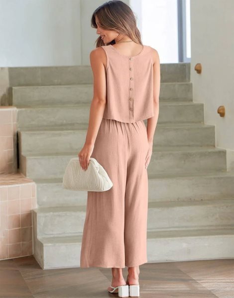 Sleeveless Tank Crop Button Back Top Cropped Pants Set With Pockets