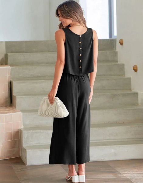 Sleeveless Tank Crop Button Back Top Cropped Pants Set With Pockets