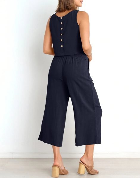 Sleeveless Tank Crop Button Back Top Cropped Pants Set With Pockets