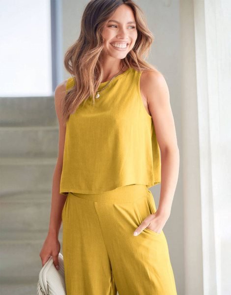 Sleeveless Tank Crop Button Back Top Cropped Pants Set With Pockets