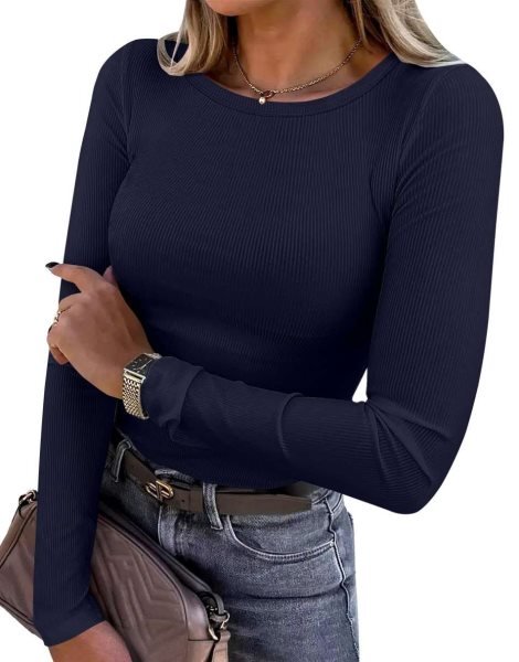Women Long Sleeve Crewneck Rib Knit Slim Fit Shirts Basic Tee Tops 2024 Casual T-Shirt Going Out Workout Outfits