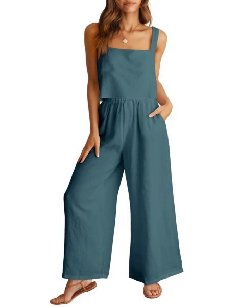 2 Piece Outfits Square Neck Sleeveless Tank Crop Top & Wide Leg Pants Lounge Set