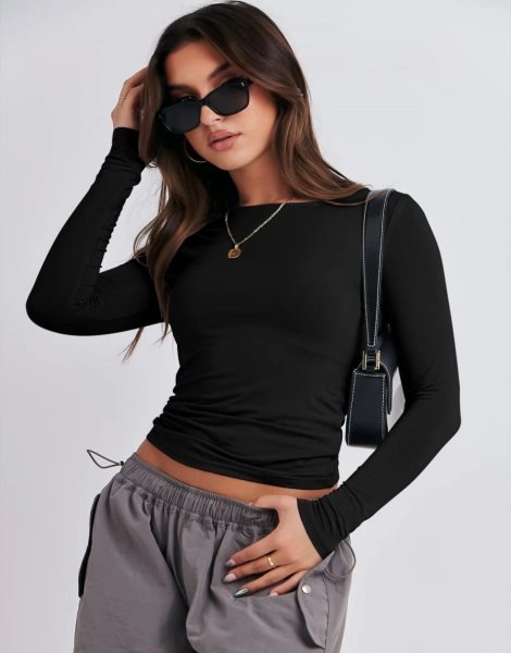 Women Long Sleeve Slim Fit Crop Top Going Out Tight T-Shirt Trendy Tees Streetwear