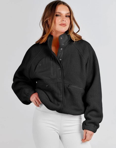 Womens Fleece Jacket Button Down Shacket Casual Sherpa Cropped Coats Warm Outwear with Pockets