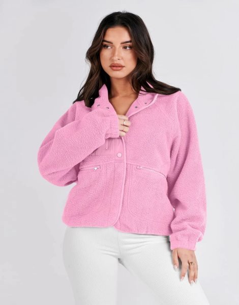 Womens Fleece Jacket Button Down Shacket Casual Sherpa Cropped Coats Warm Outwear with Pockets