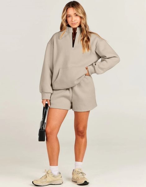Sweatsuit Oversized Half Zip Collared Sweatshirt & Short Lounge Wear Tacksuit Set