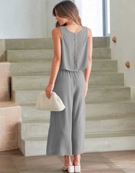Sleeveless Tank Crop Button Back Top Cropped Pants Set With Pockets