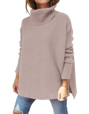 Women's Turtleneck Oversized 2023 Long Batwing Sleeve Spilt Hem Knit Tunic Pullover Sweater Tops