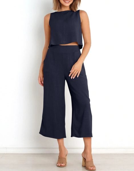 Sleeveless Tank Crop Button Back Top Cropped Pants Set With Pockets