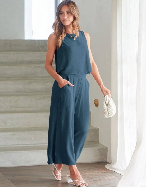 Sleeveless Tank Crop Button Back Top Cropped Pants Set With Pockets