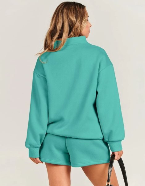Sweatsuit Oversized Half Zip Collared Sweatshirt & Short Lounge Wear Tacksuit Set