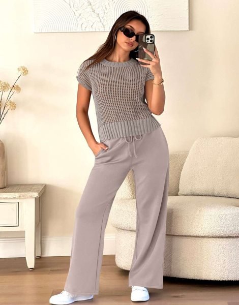 Women Two Piece Outfits Crochet Sheer Knit Sweater Top Wide Leg Pants Lounge Matching Sets Sweatsuit Travel Clothes