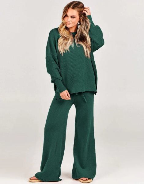 Women 2 Piece Outfits Sweatsuit Oversized Sweater Set & Wide Leg Pants Fall Chunky Lounge Set