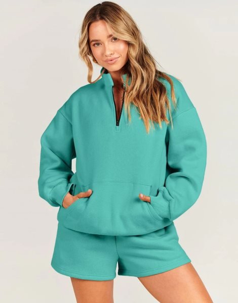 Sweatsuit Oversized Half Zip Collared Sweatshirt & Short Lounge Wear Tacksuit Set
