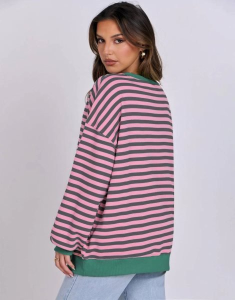 Women Striped Oversized Sweatshirt Long Sleeve Crewneck Shirts 2024 Fall Fashion Pullover Sweater Trendy Clothes
