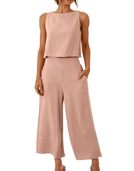 Sleeveless Tank Crop Button Back Top Cropped Pants Set With Pockets