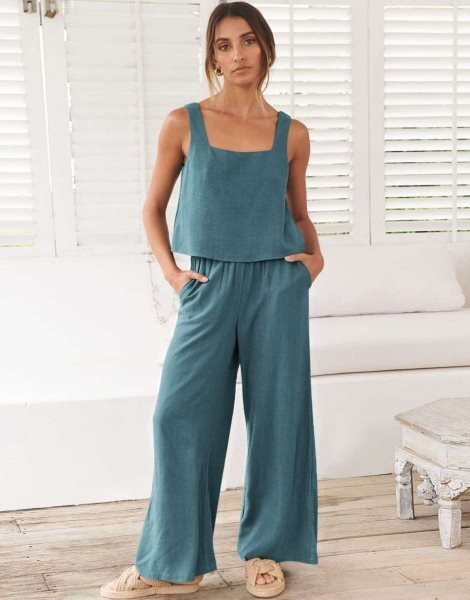 2 Piece Outfits Square Neck Sleeveless Tank Crop Top & Wide Leg Pants Lounge Set