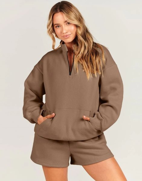 Sweatsuit Oversized Half Zip Collared Sweatshirt & Short Lounge Wear Tacksuit Set