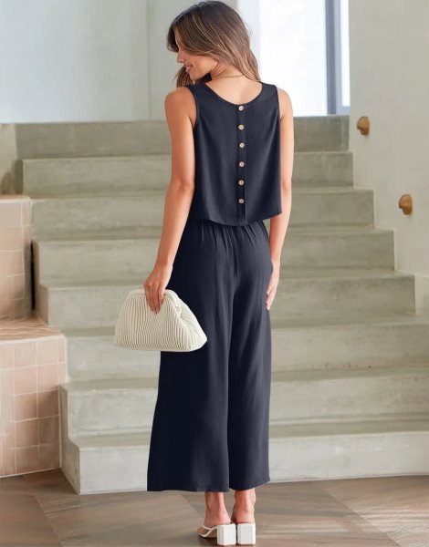 Sleeveless Tank Crop Button Back Top Cropped Pants Set With Pockets