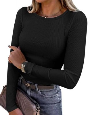 Women Long Sleeve Crewneck Rib Knit Slim Fit Shirts Basic Tee Tops 2024 Casual T-Shirt Going Out Workout Outfits