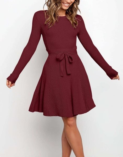 Women's Crewneck Long Sleeve Tie Waist A-Line Swing Bodycon Short Dress Casual Solid Ribbed Knit Sweater Dress
