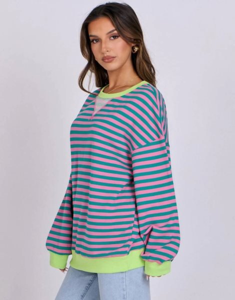 Women Striped Oversized Sweatshirt Long Sleeve Crewneck Shirts 2024 Fall Fashion Pullover Sweater Trendy Clothes