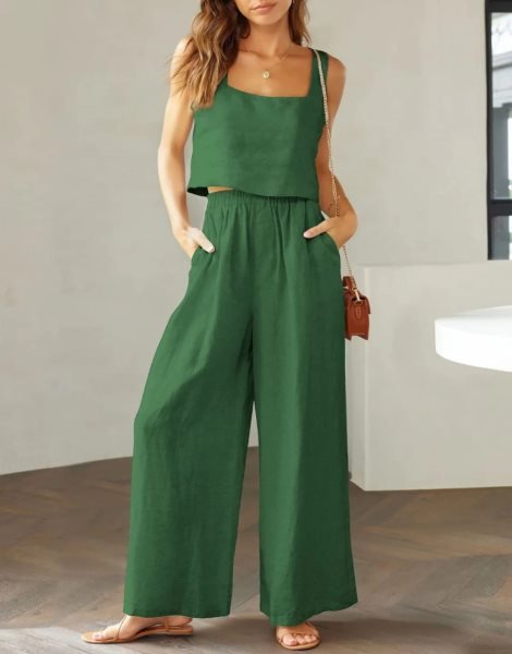 2 Piece Outfits Square Neck Sleeveless Tank Crop Top & Wide Leg Pants Lounge Set