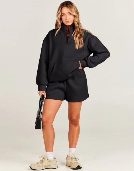 Sweatsuit Oversized Half Zip Collared Sweatshirt & Short Lounge Wear Tacksuit Set