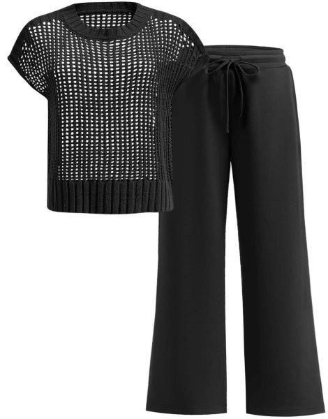 Women Two Piece Outfits Crochet Sheer Knit Sweater Top Wide Leg Pants Lounge Matching Sets Sweatsuit Travel Clothes