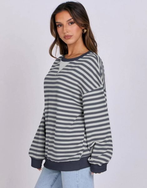 Women Striped Oversized Sweatshirt Long Sleeve Crewneck Shirts 2024 Fall Fashion Pullover Sweater Trendy Clothes