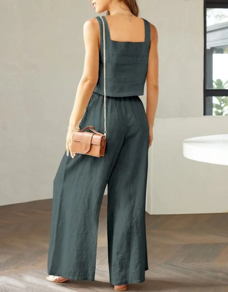 2 Piece Outfits Square Neck Sleeveless Tank Crop Top & Wide Leg Pants Lounge Set