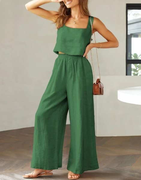2 Piece Outfits Square Neck Sleeveless Tank Crop Top & Wide Leg Pants Lounge Set