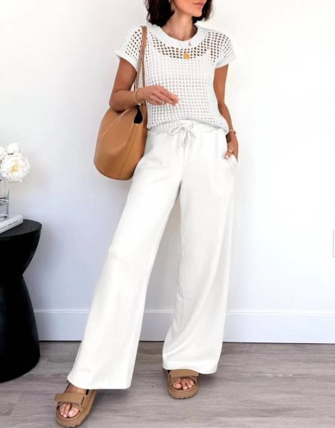 Women Two Piece Outfits Crochet Sheer Knit Sweater Top Wide Leg Pants Lounge Matching Sets Sweatsuit Travel Clothes