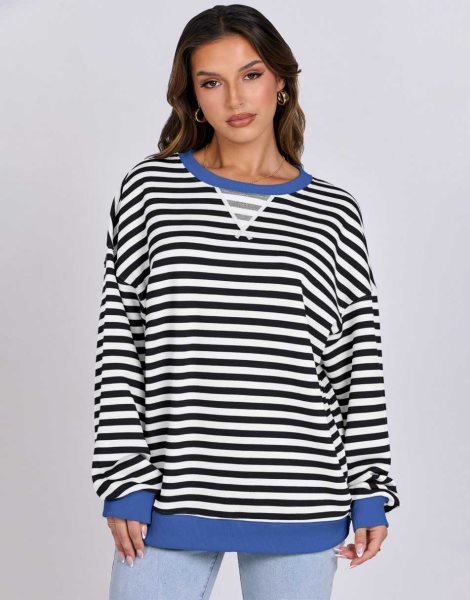 Women Striped Oversized Sweatshirt Long Sleeve Crewneck Shirts 2024 Fall Fashion Pullover Sweater Trendy Clothes