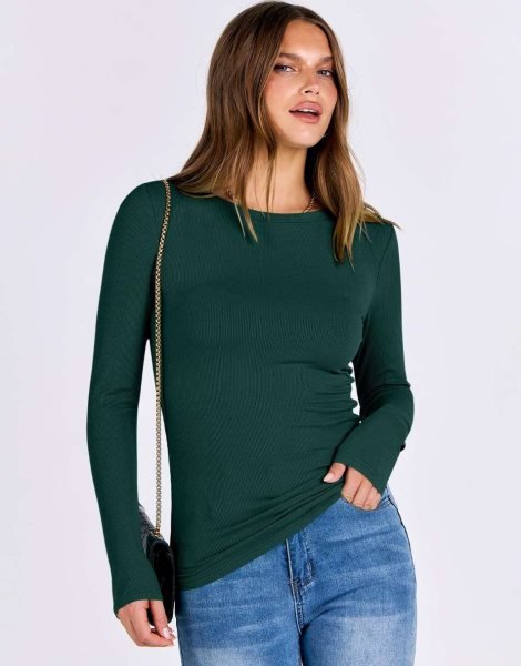 Women Long Sleeve Crewneck Rib Knit Slim Fit Shirts Basic Tee Tops 2024 Casual T-Shirt Going Out Workout Outfits