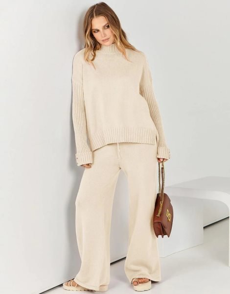 Women's Two Piece Outfits Sweater Sets Long Sleeve Knit Pullover and Wide Leg Pants Lounge Sets