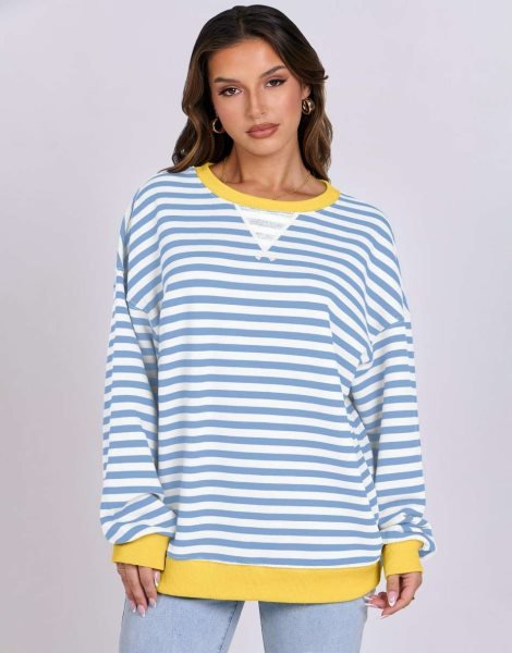 Women Striped Oversized Sweatshirt Long Sleeve Crewneck Shirts 2024 Fall Fashion Pullover Sweater Trendy Clothes