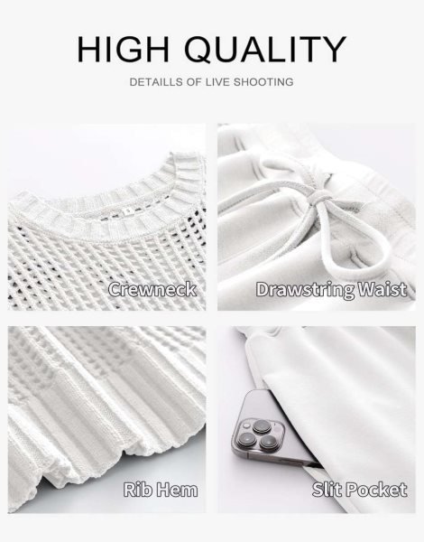 Women Two Piece Outfits Crochet Sheer Knit Sweater Top Wide Leg Pants Lounge Matching Sets Sweatsuit Travel Clothes