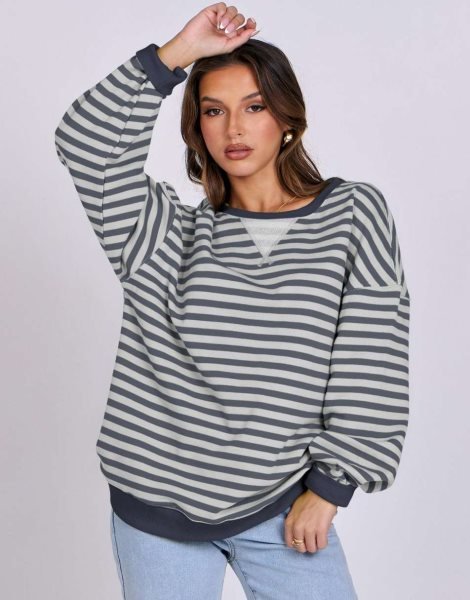 Women Striped Oversized Sweatshirt Long Sleeve Crewneck Shirts 2024 Fall Fashion Pullover Sweater Trendy Clothes