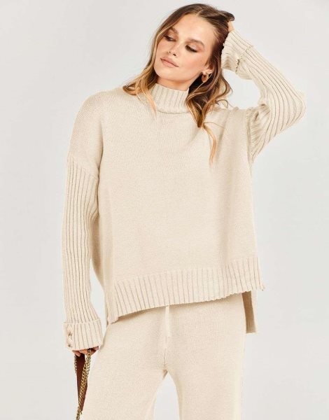 Women's Two Piece Outfits Sweater Sets Long Sleeve Knit Pullover and Wide Leg Pants Lounge Sets