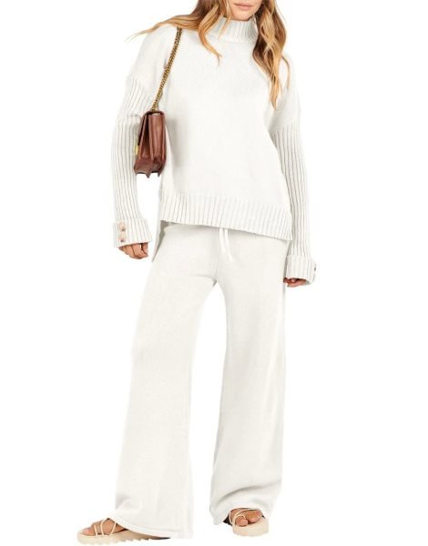 Women's Two Piece Outfits Sweater Sets Long Sleeve Knit Pullover and Wide Leg Pants Lounge Sets