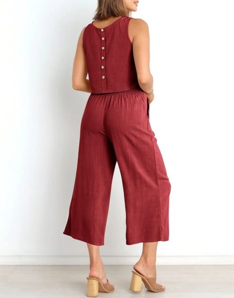 Sleeveless Tank Crop Button Back Top Cropped Pants Set With Pockets