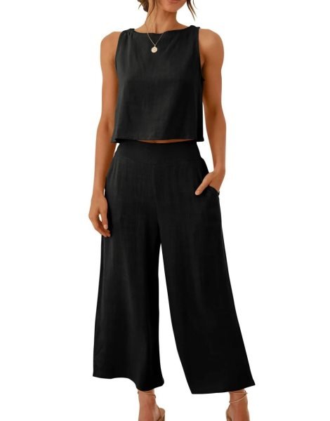 Sleeveless Tank Crop Button Back Top Cropped Pants Set With Pockets