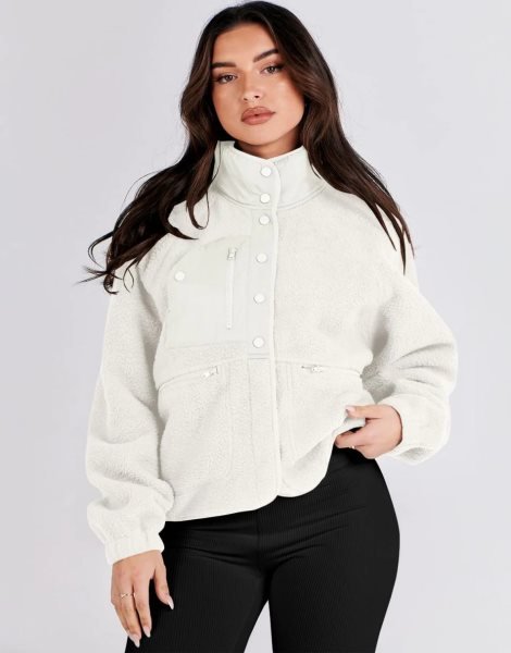 Womens Fleece Jacket Button Down Shacket Casual Sherpa Cropped Coats Warm Outwear with Pockets