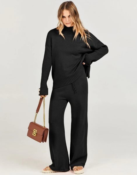 Women's Two Piece Outfits Sweater Sets Long Sleeve Knit Pullover and Wide Leg Pants Lounge Sets