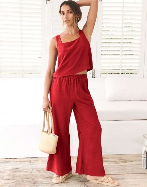 2 Piece Outfits Square Neck Sleeveless Tank Crop Top & Wide Leg Pants Lounge Set