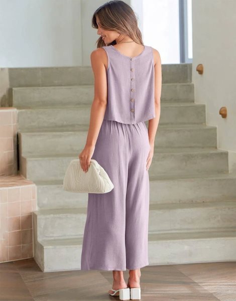 Sleeveless Tank Crop Button Back Top Cropped Pants Set With Pockets