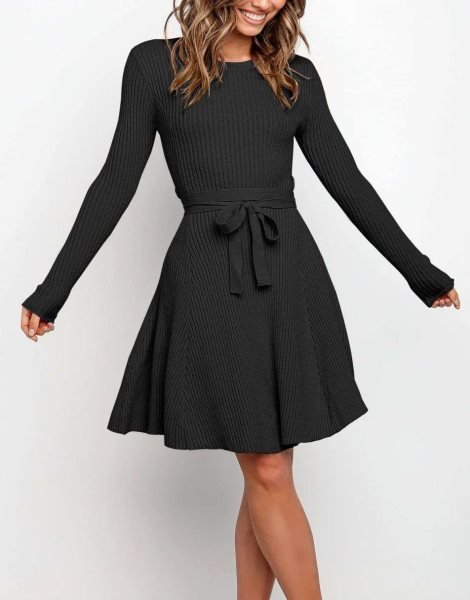 Women's Crewneck Long Sleeve Tie Waist A-Line Swing Bodycon Short Dress Casual Solid Ribbed Knit Sweater Dress