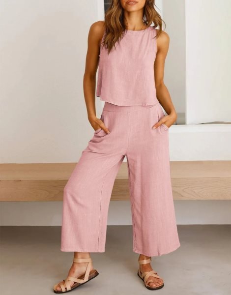 Sleeveless Tank Crop Button Back Top Cropped Pants Set With Pockets